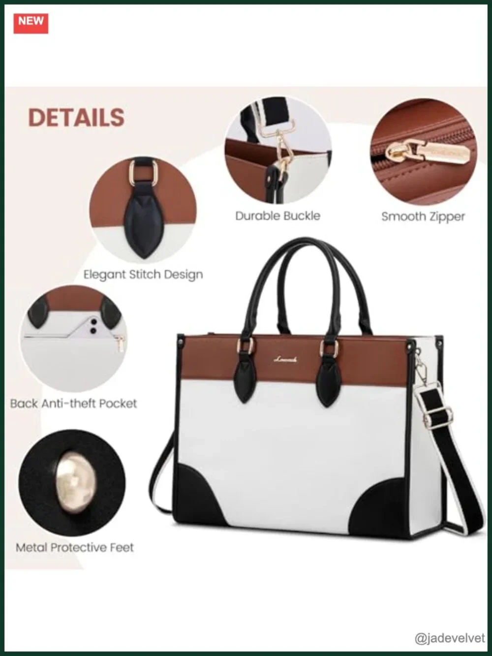 Water-Resistant PU Leather Laptop Tote Bag for Work, 15.6 Inch